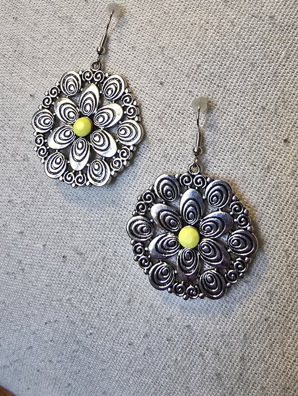 Sterling-Tone Floral Drop Earrings with Yellow Center